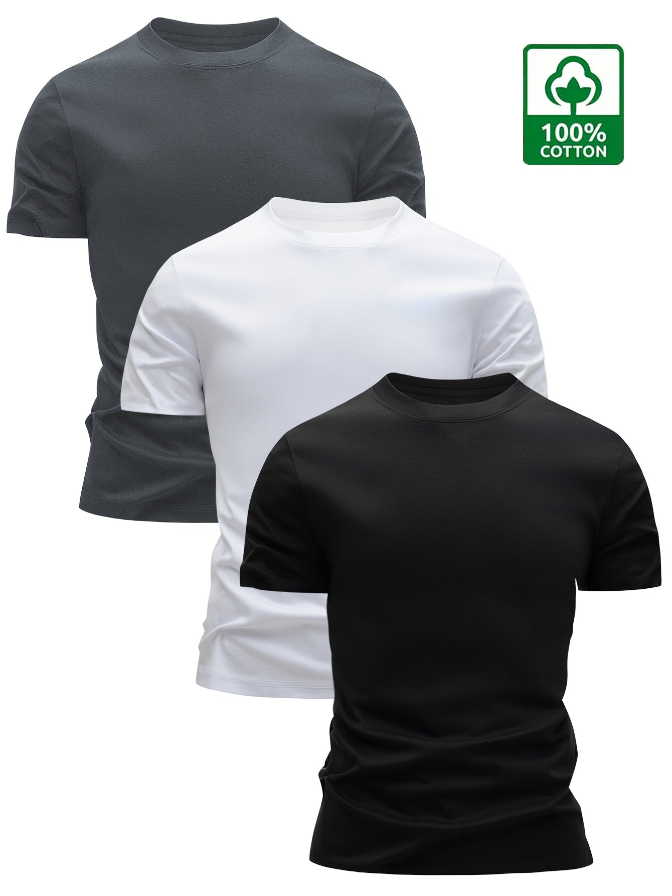 Set of 3 Men'S 100% T-Shirts - Soft And Comfortable for Everyday Casual Wear, Breathable And Moisture-Wicking for Summer, Lightweight Design, Sweat-Resistant