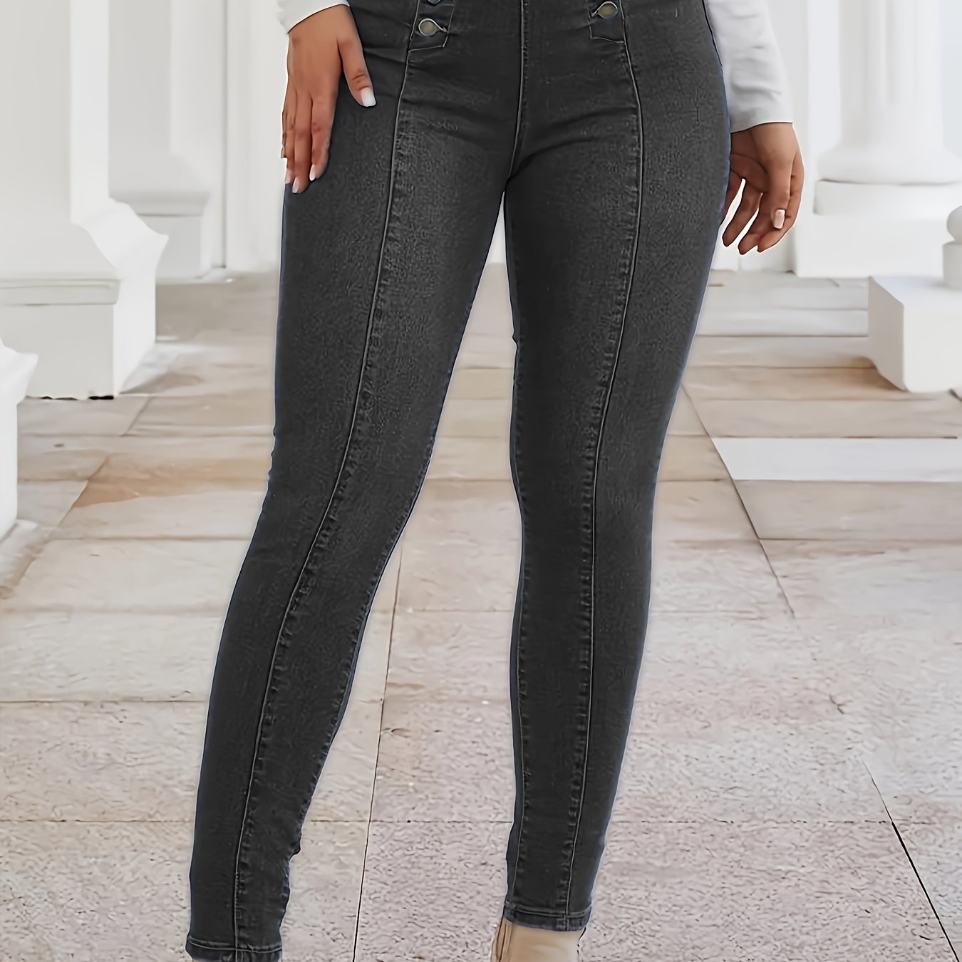 Jean skinny à boutons et plis piqués, pantalon en denim stretch moyen croisé style vintage, jean et vêtements en denim pour femme, idéal pour l'automne