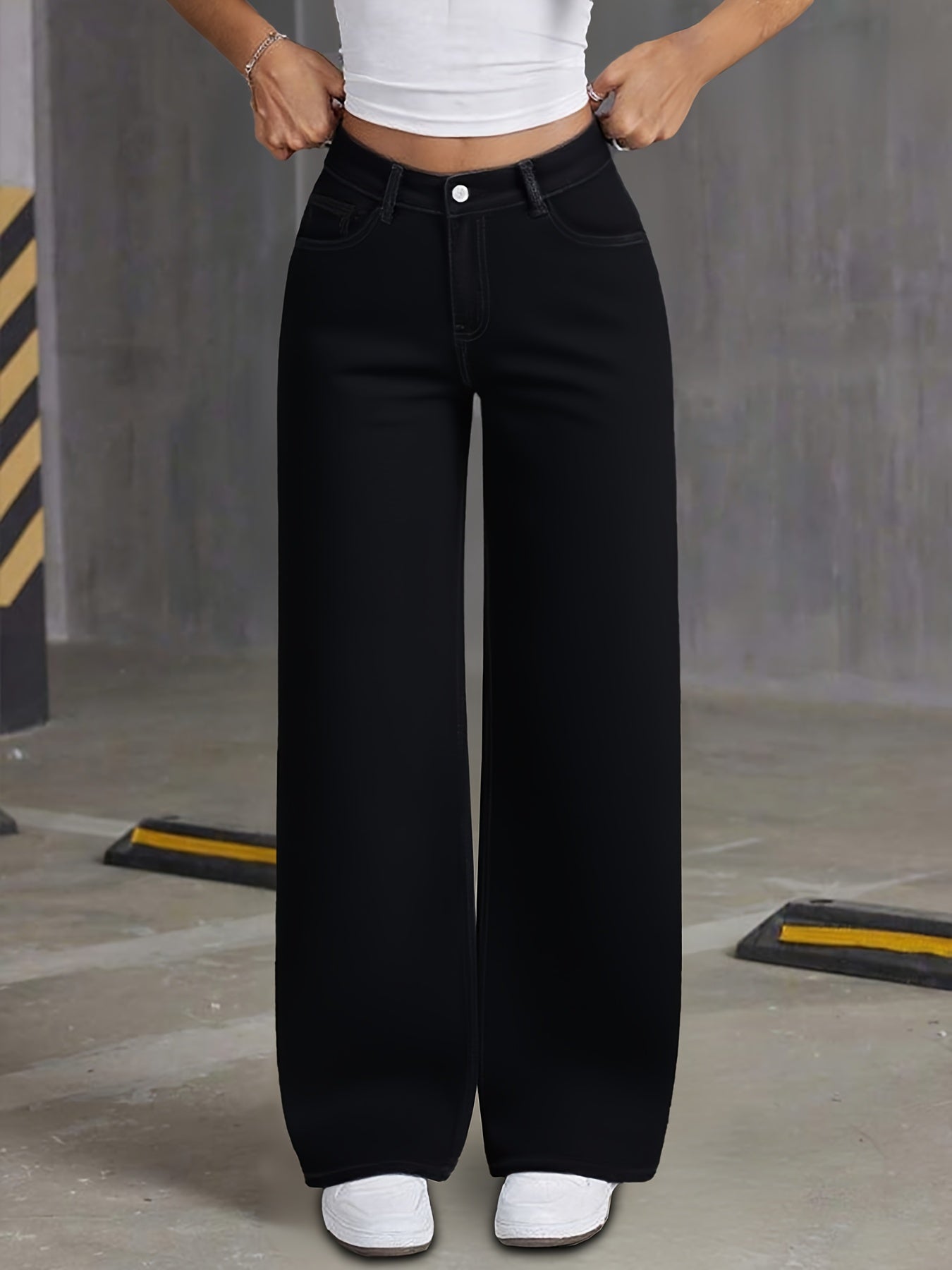 Jeans Femme Noir Jambe Large Extensible Poches Confortable Polyvalent Toute Saison Décontracté