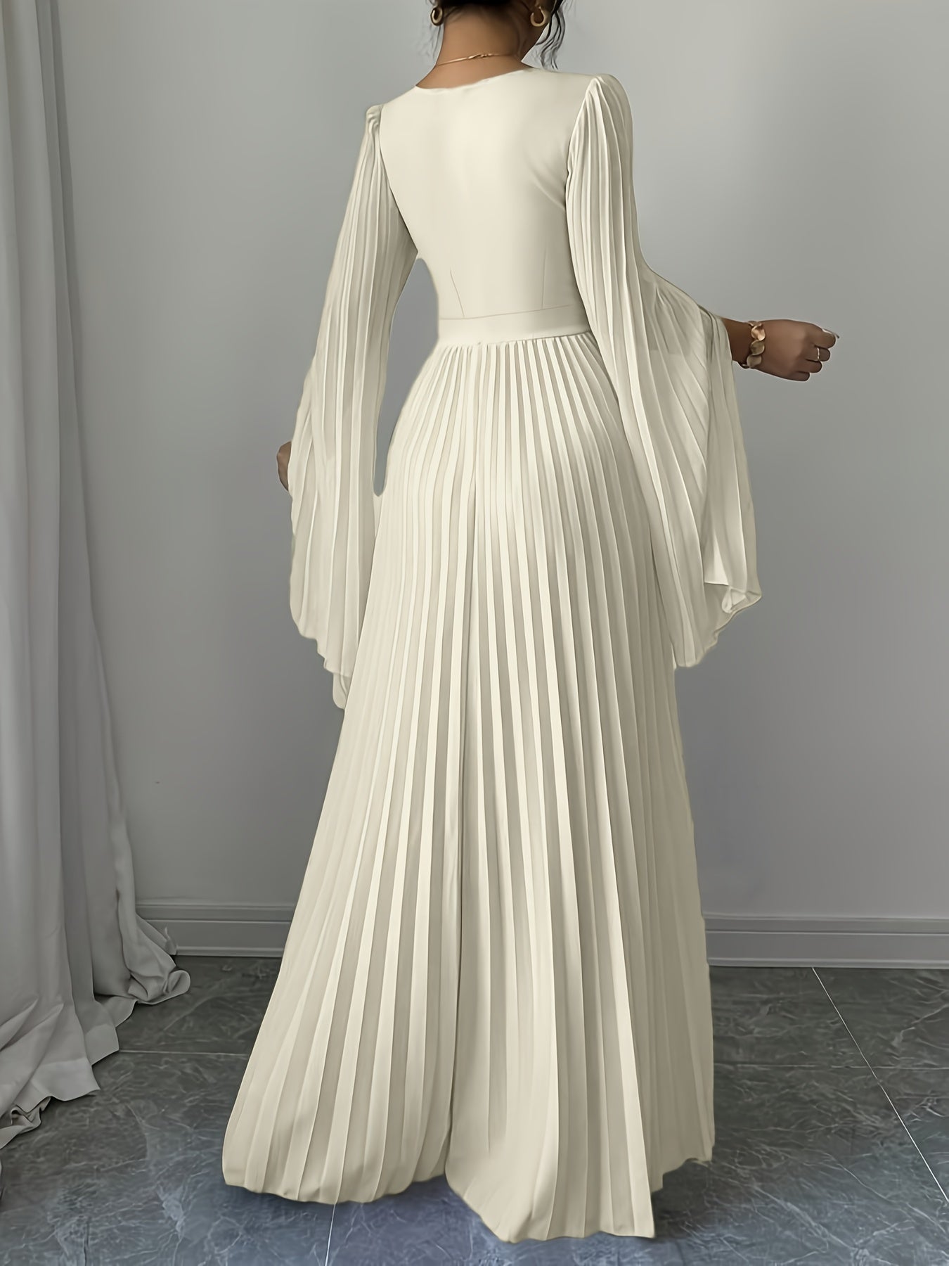 Women's Elegant V-Neck Pleated Open Sleeve Maxi Dress - Fitted Solid Color Machine Washable Spring/Summer Casual & Formal Outfit, Spring Fashion, Quality Craftsmanship