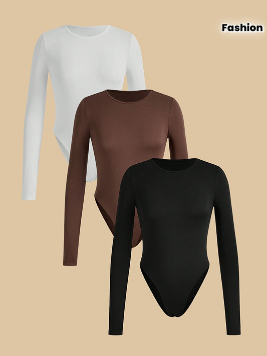 Lot de 3 bodys femme à manches longues, col rond, couleur unie, en maille polyester (95 %) et élasthanne (5 %), tissu extensible, style décontracté, manches régulières, adapté à toutes les saisons, grammage 180 g/m²