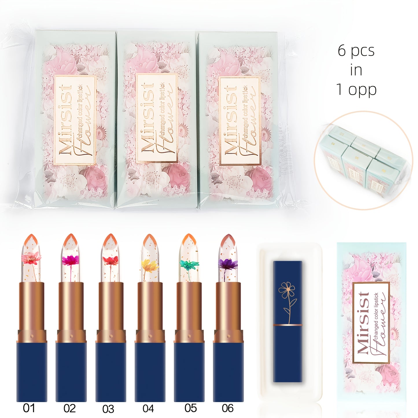 Lot de six baumes à lèvres, six en un, à la couleur changeante, conditionnés dans des sachets OPP. Ce baume à lèvres transparent devient rose