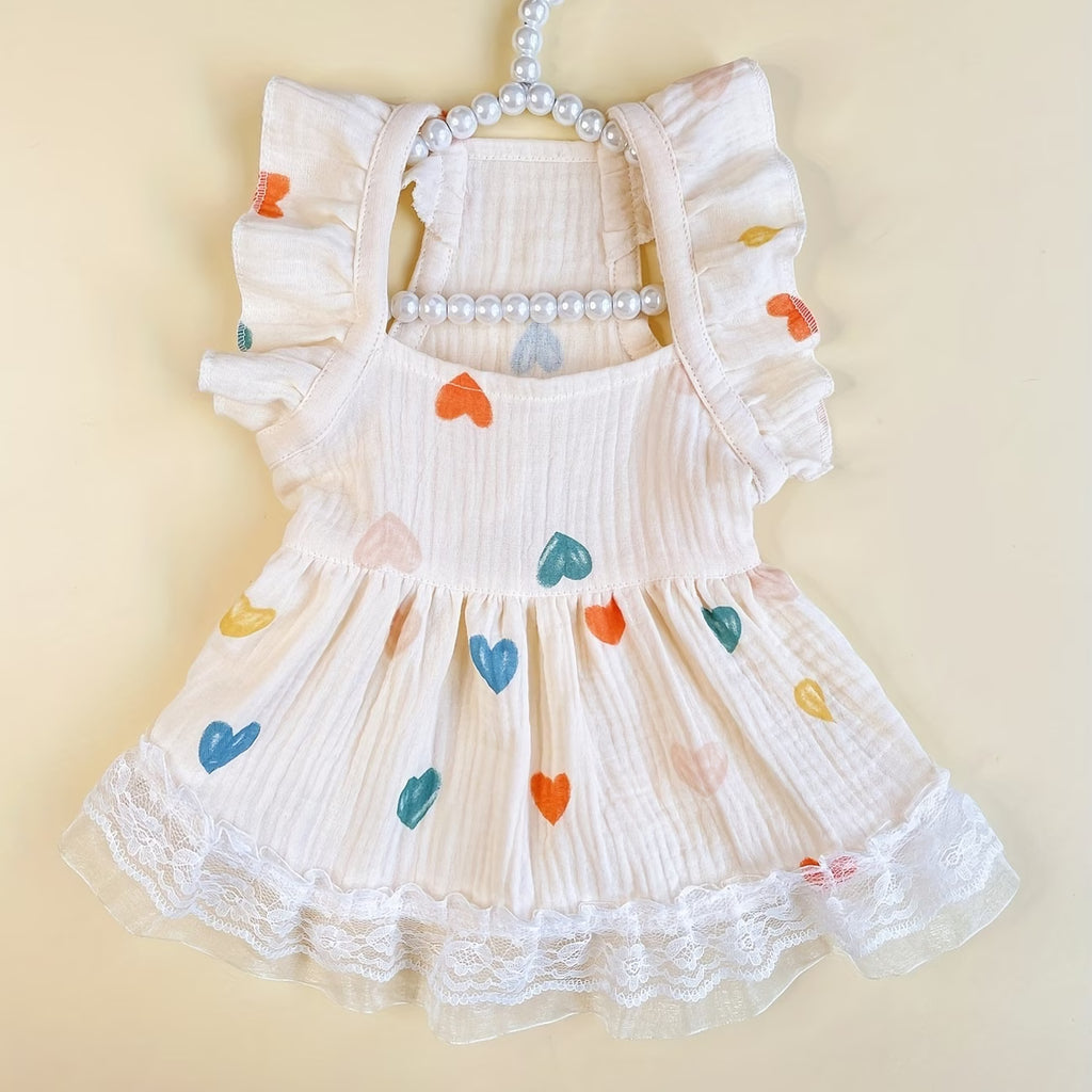Four-Season Pet Dress for Cats & Dogs – Colorful Heart Print Chiffon Princess Dress