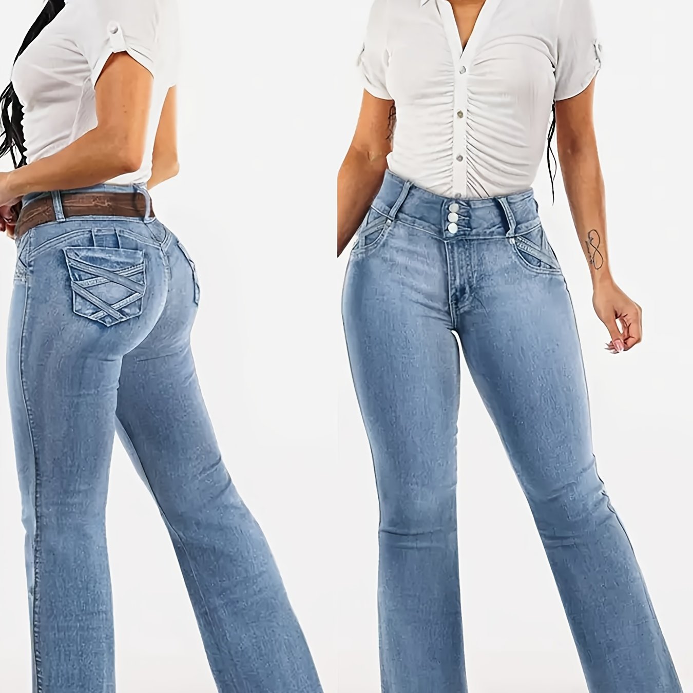 Jean évasé taille haute pour femme - Pantalon bleu délavé avec passants de ceinture et fermeture éclair, coupe slim gainante