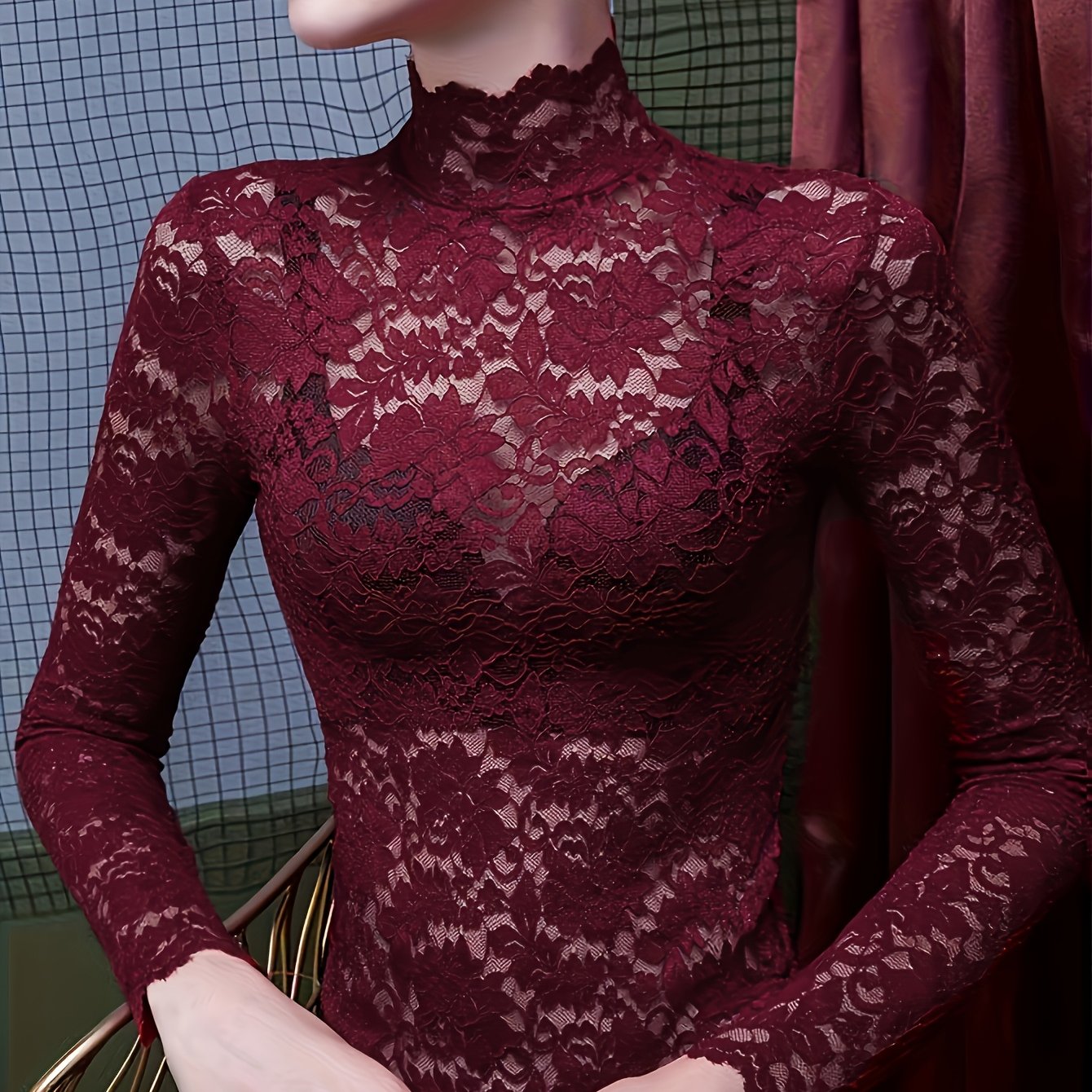 Blouse grande taille élégante pour femmes bordeaux effet dentelle manches longues col rond col montant semi-transparente superposée pour robes et blouses lavable en machine printemps automne hiver