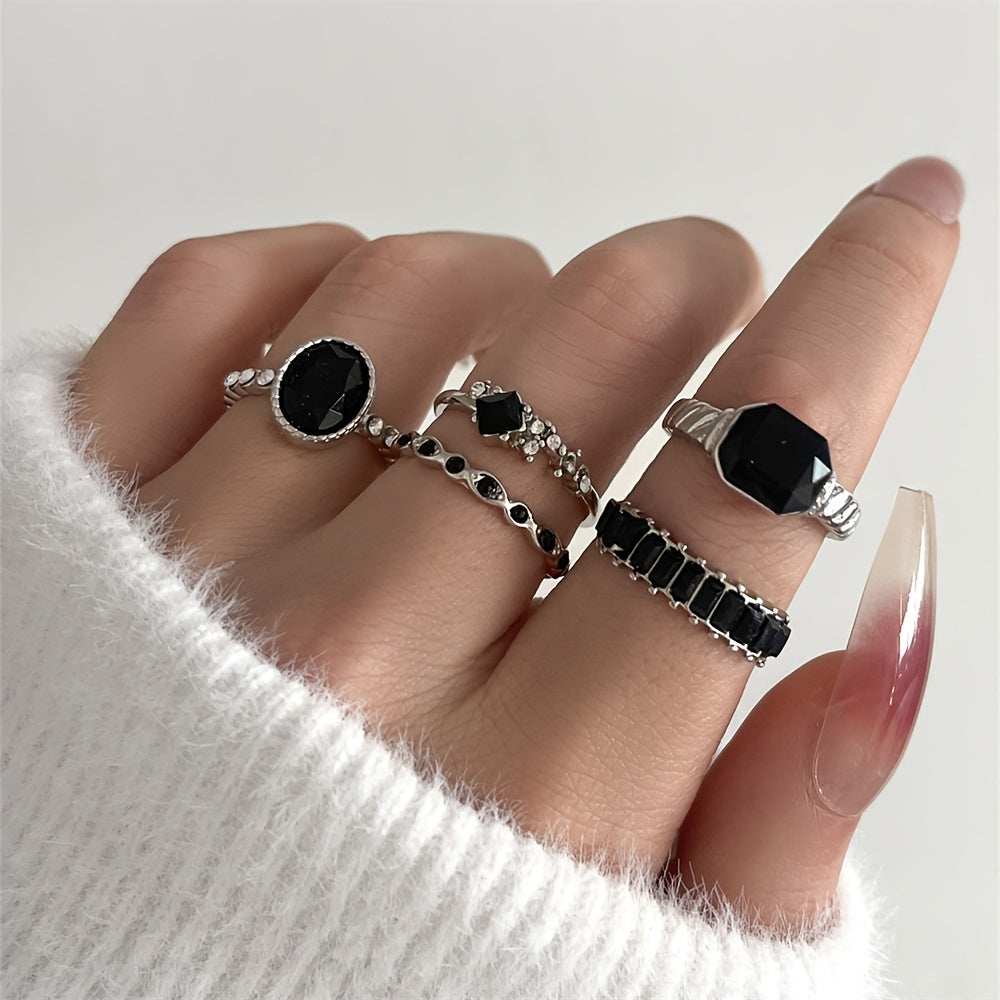 5pcs Alloy Black Rhinestone Ring Set, Minimalist Vintage Elegant Thin Jointed Ring Stackable Collection