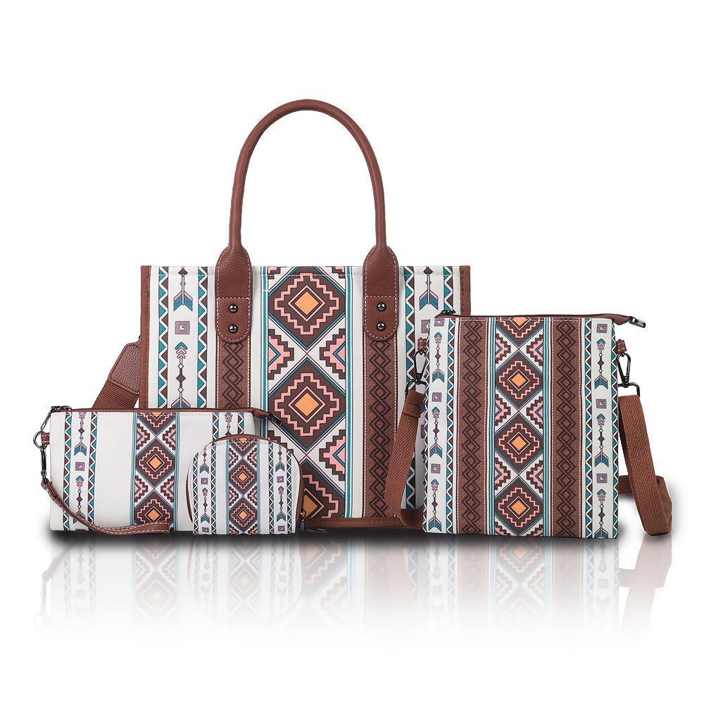 Set de 4 Sacs Cabas Boho Chic – Bandoulière Ajustable, Grande Capacité, Style Ethnique Vintage, Polyester Imprimé Aléatoire, Idéal Vacances et Cadeaux