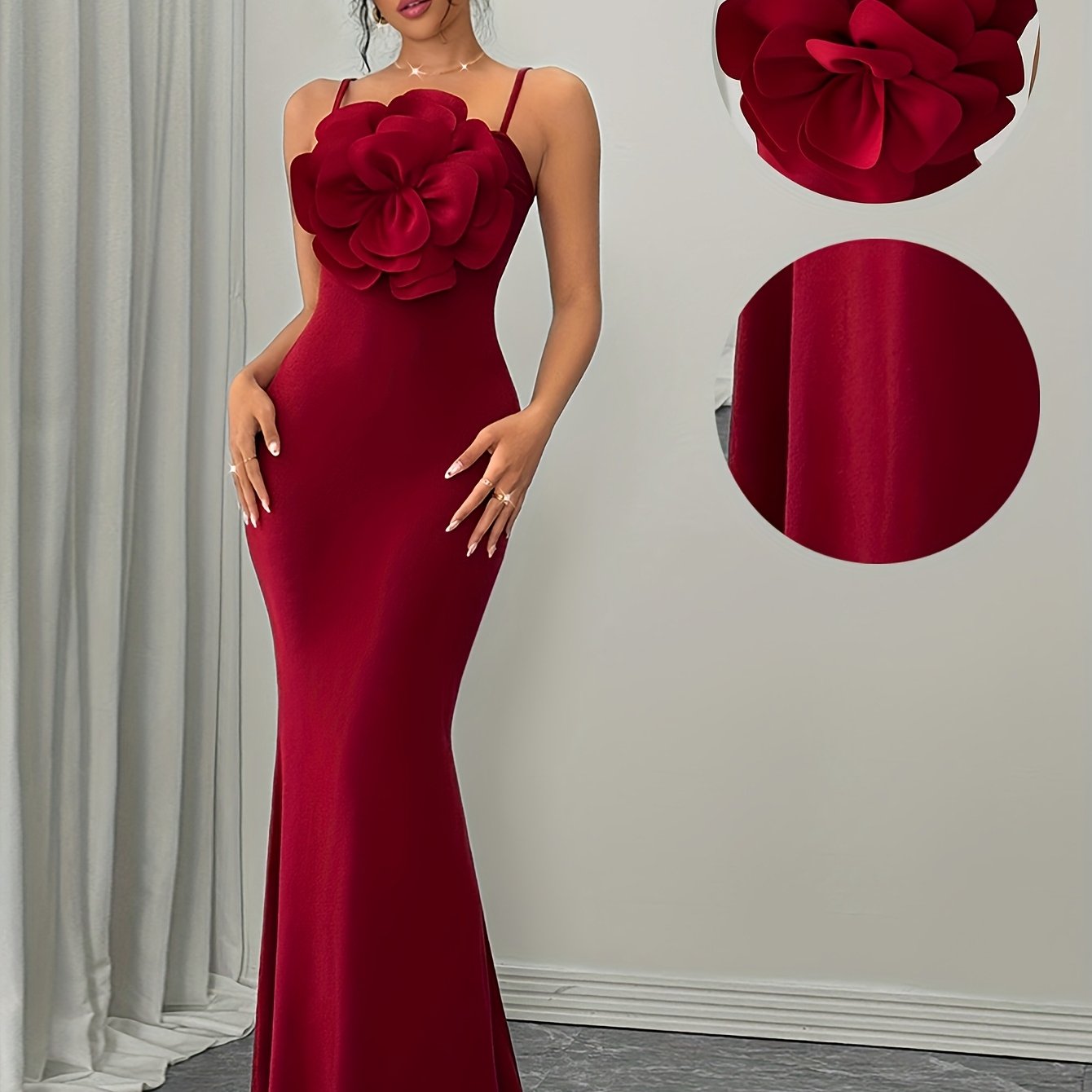 Ladies' Fashionable Temperament Red Bodycon Dress with Large Floral Design | Crew Neck, Solid Color, Suitable for All Seasons.