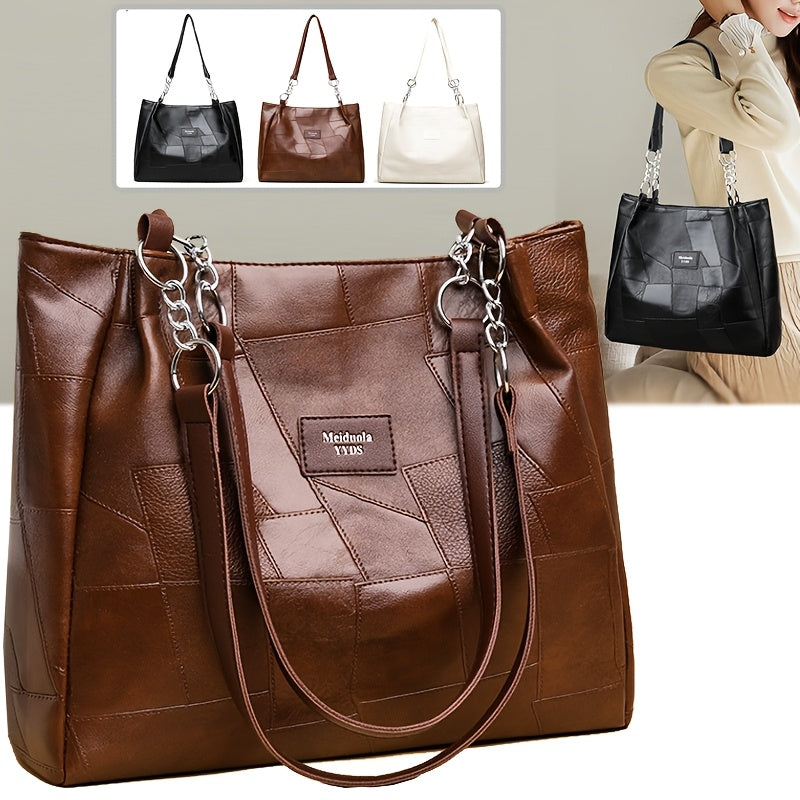 Sac Cabas Femme Élégant – Grande Capacité, Cuir Synthétique Léger, Sac à Main avec Bandoulière Fixe et Fermeture Éclair, Cuir Synthétique à Motif Quadrillé, Idéal pour Travail, Voyage et Déplacements Quotidiens