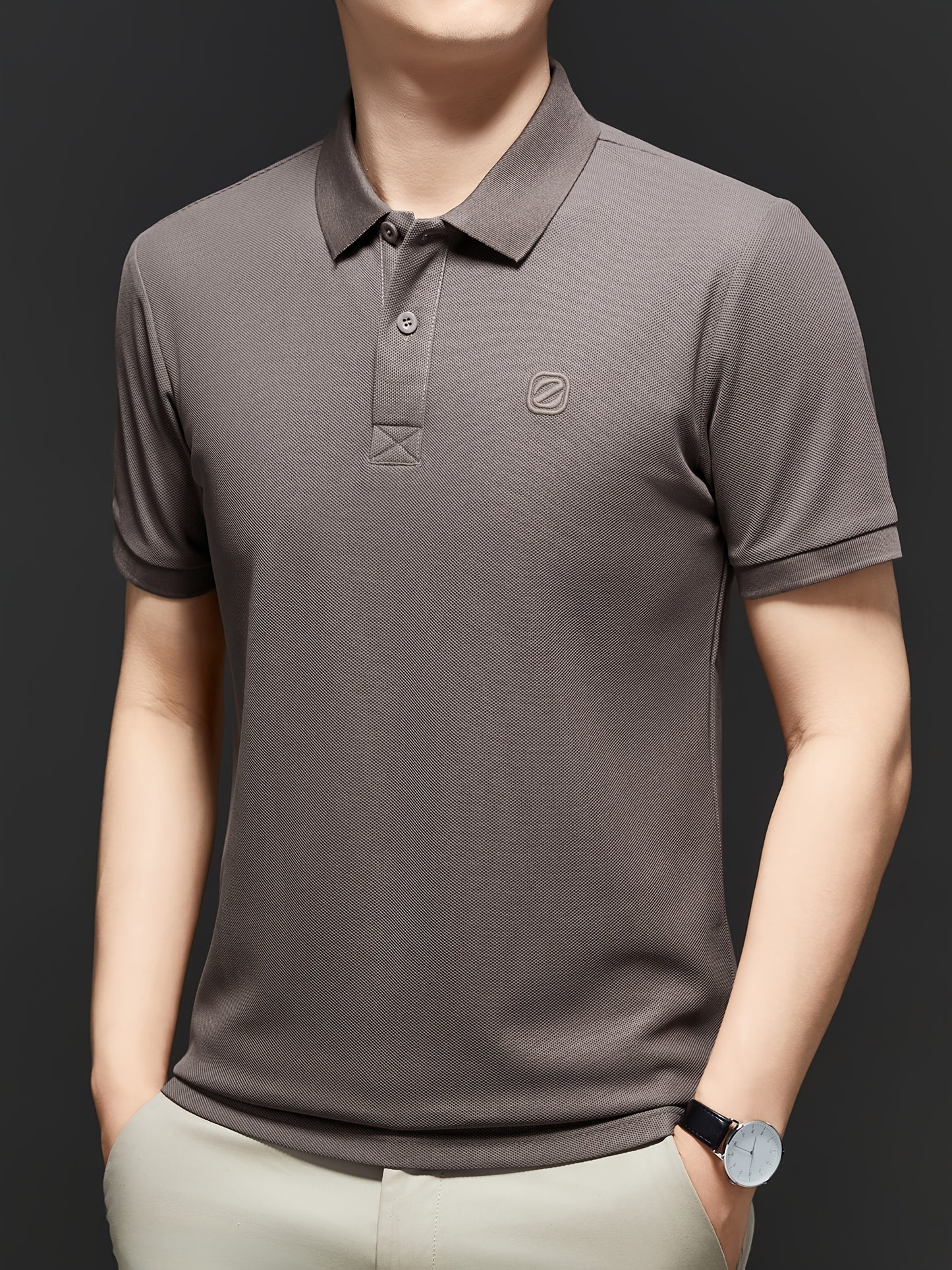 Men's Slim-Fit Short Sleeve Shirt - Breathable Black with White Collar & Logo, Classic Lapel Neck, Wrinkle-Resistant Fabric for Spring/Autumn, Versatile Casual & Semi-Formal Wear - Easy Care (Hand Wash/Dry Clean) - ZBZP25 Col