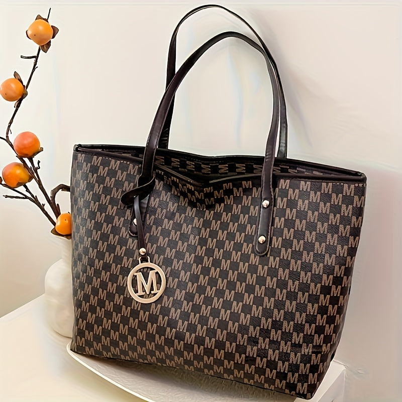 Sac à Main Femme Élégant– Sac Cabas avec Bandoulière Chaîne Dorée et Logo « M », Cuir Synthétique, Motif Pied-de-Poule en Marron Clair/Blanc/Noir, Fermeture Éclair, Doublure en Polyester