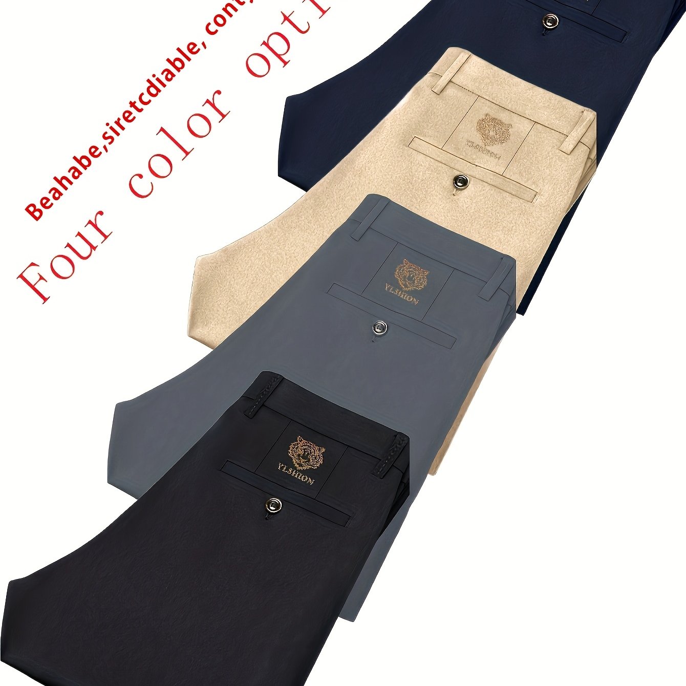 4pcs Pantalons Homme Business Léger – Jambe Droite, Tout Saison, Anti-Rides, Blanc/Noir/Gris/Bleu Marine