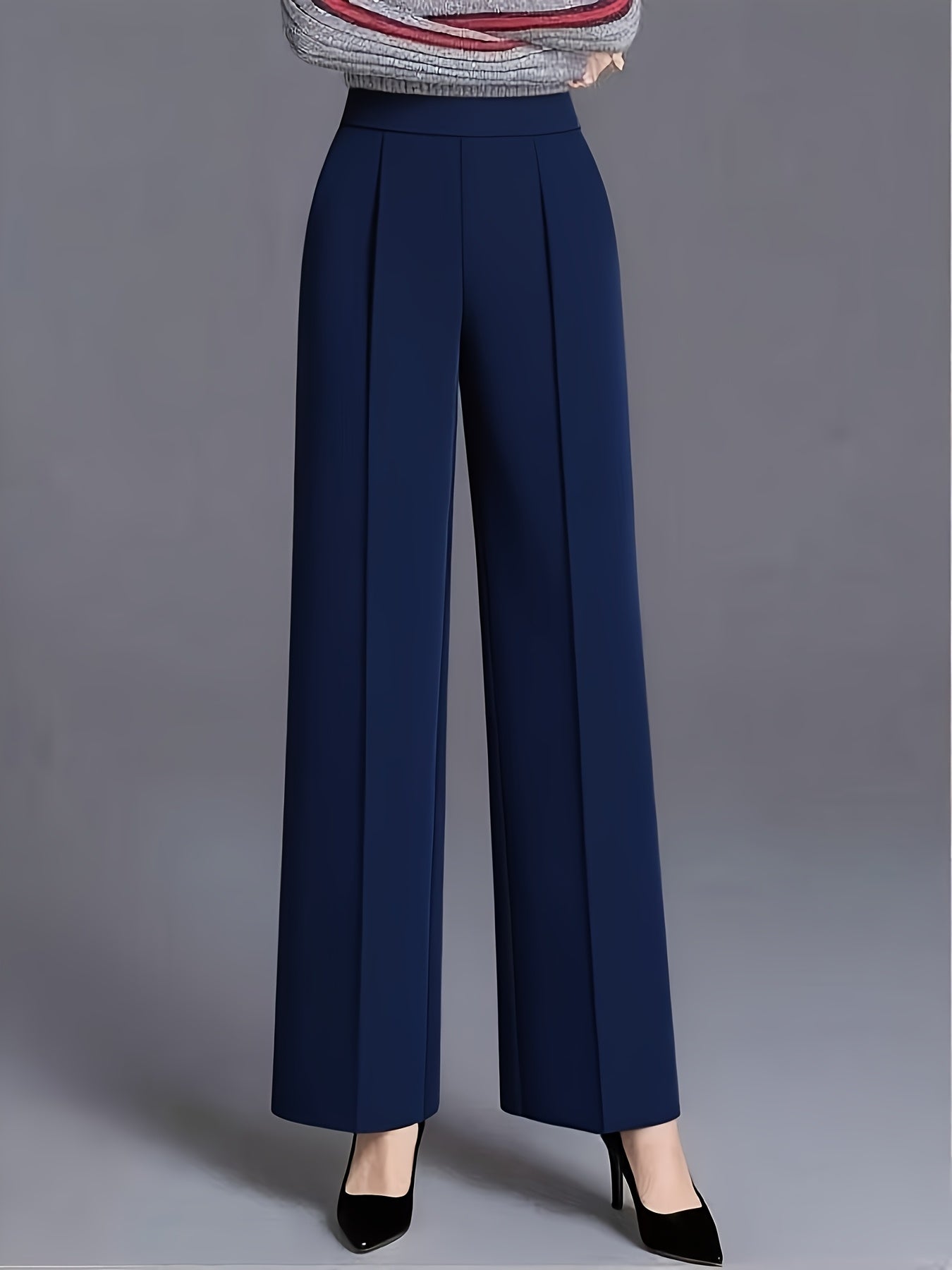 Pantalon Femme Grande Taille Élégant – Taille Haute, Jambe Large, Couleur Unie Rose et Bleu Marine