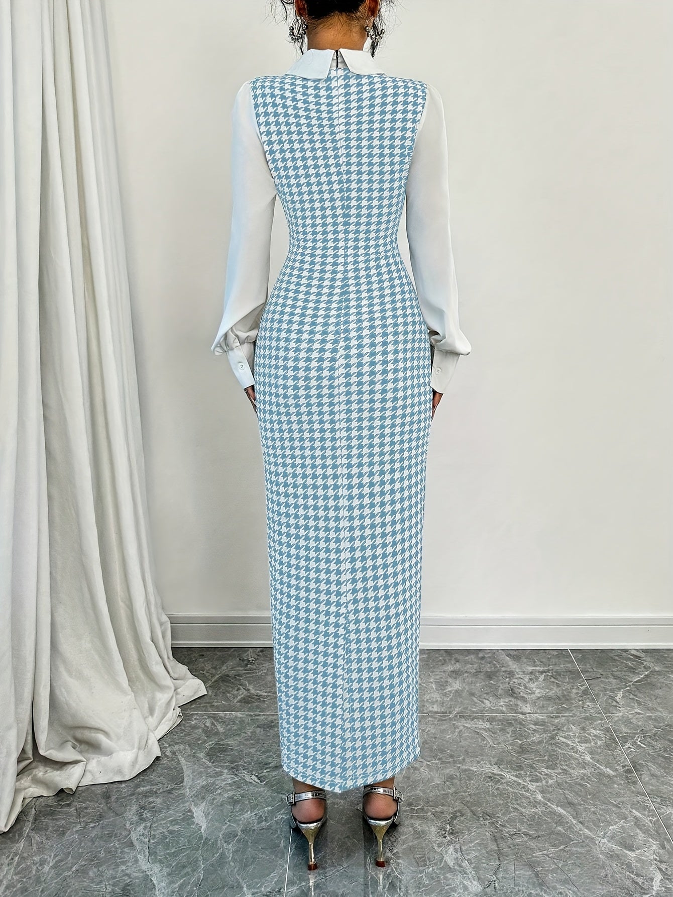 Ladies' Elegant Houndstooth Slim-Fit Lantern Sleeve Dress