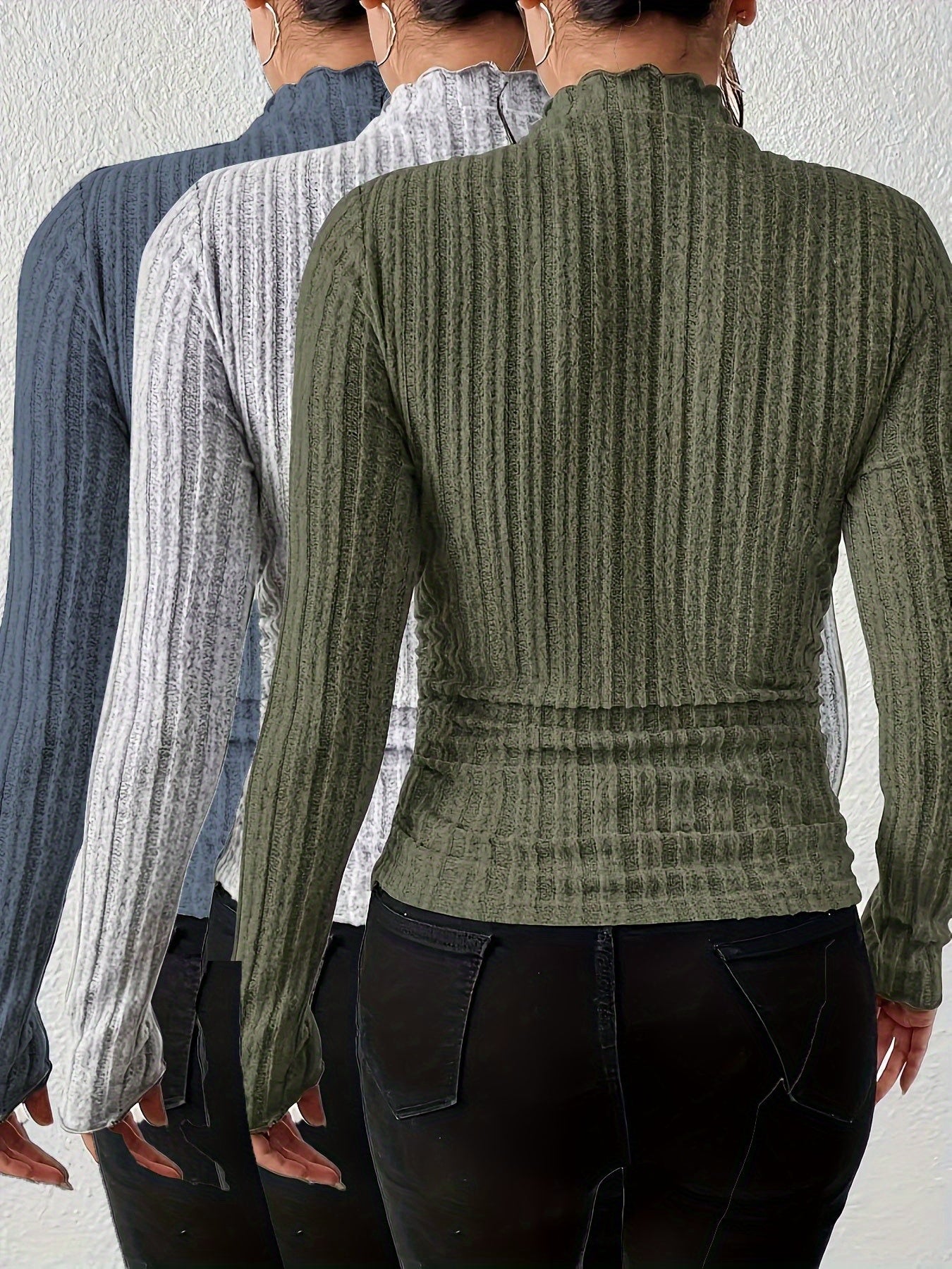 Lot de 3 T-shirts élégants pour femmes – Col montant, manches longues, col rond, coupe régulière, couleur unie, collection automne/hiver, style casual