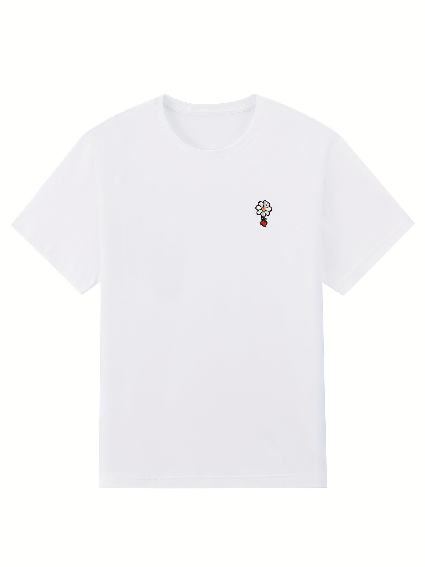 Flower Embroidery Label Men's Trendy Short Sleeve Crew Neck T-shirt, Summer Outdoor