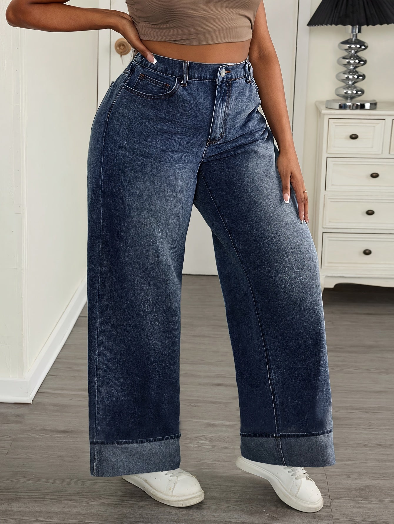 Jeans Femme Grande Taille Jambe Droite Bleu Foncé Non Extensible Fermeture Zippée Toute Saison Polyvalent