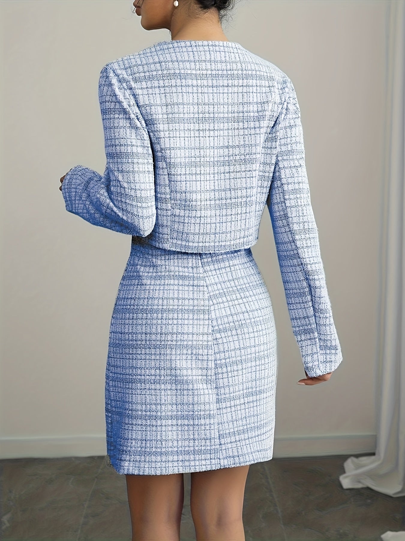 Ensemble chic femme – Mini-robe A-line en tweed + veste boutonnée, style coréen, look élégant