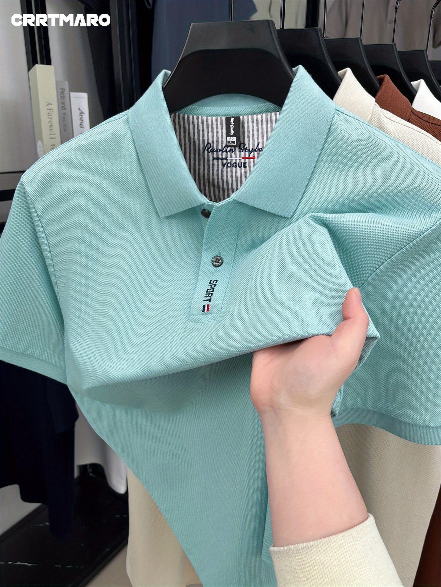 CRRTMARO Men's Mint Green Shirt - 100% Cotton Short Sleeve Summer T-Shirt with White Piping Collar & Logo, Casual Button-Front Placket, Mint Green ( Green) for, Beach, Office - Breathable & Wrinkle-Resistant