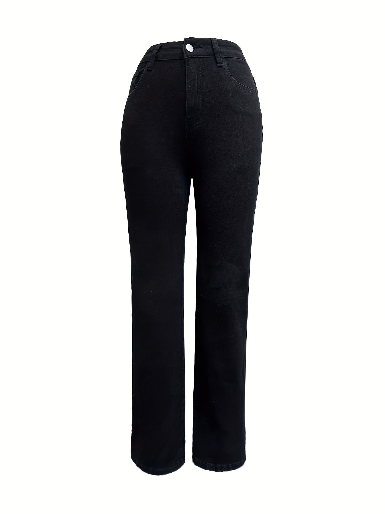 Jeans Femme Taille Haute Jambe Large Extensible Ceinture Élastique Poches Obliques Jambe Droite Noir Toute Saison