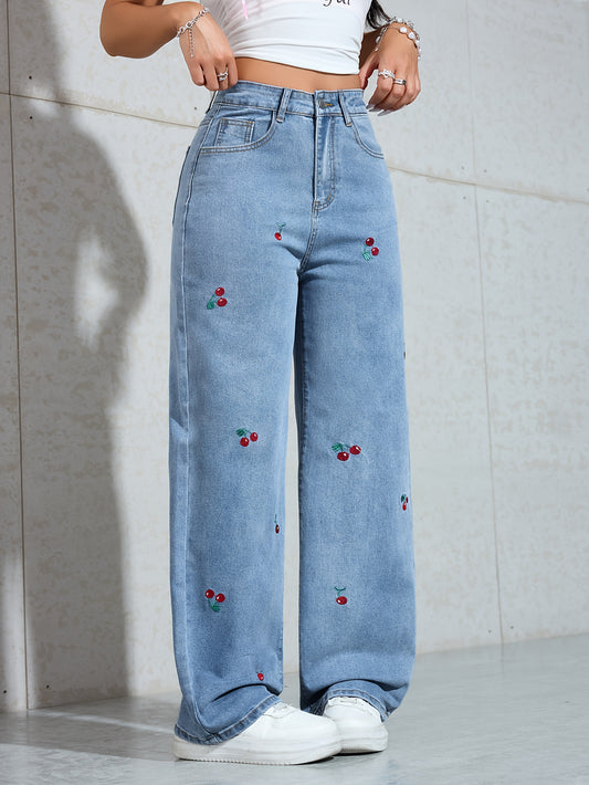 Jeans Femme Jambe Droite Large Faux Denim Broderie Cerise Extensible Effet Usé Confort Toute Saison Décontracté Durable