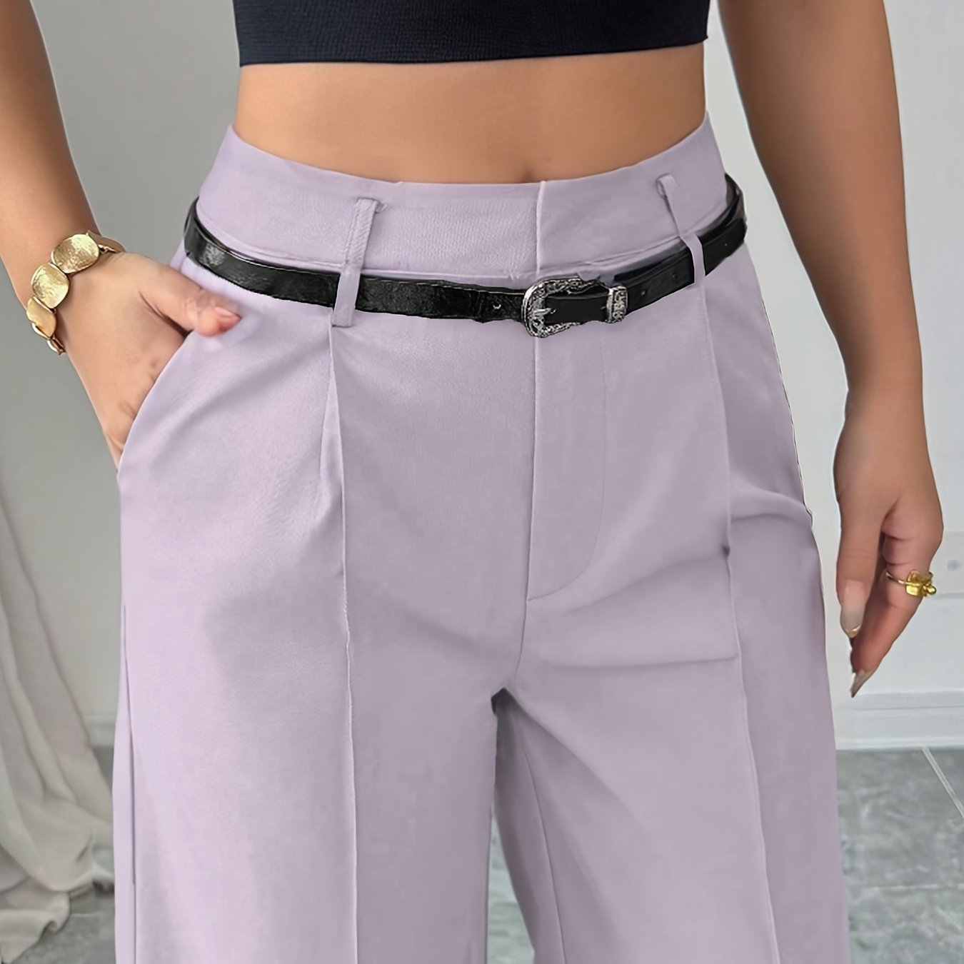 Pantalon Femme Noir Chic – Jambe Droite Taille Haute avec Ceinture Vintage, Bureau et Décontracté, Printemps/Été/Automne