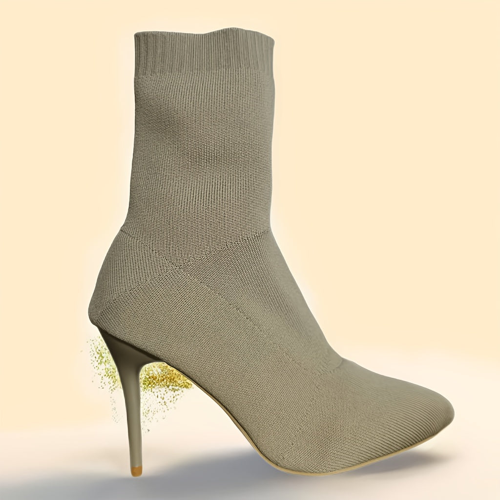 Bottines Femme Rétro Classiques – Tricot Noir, Confortables et Élégantes, Talon Haut Marron Foncé ou Noir, Slip-On Élastique, Adaptées à Tous Types de Morphologie, Style Européen et Américain Simple