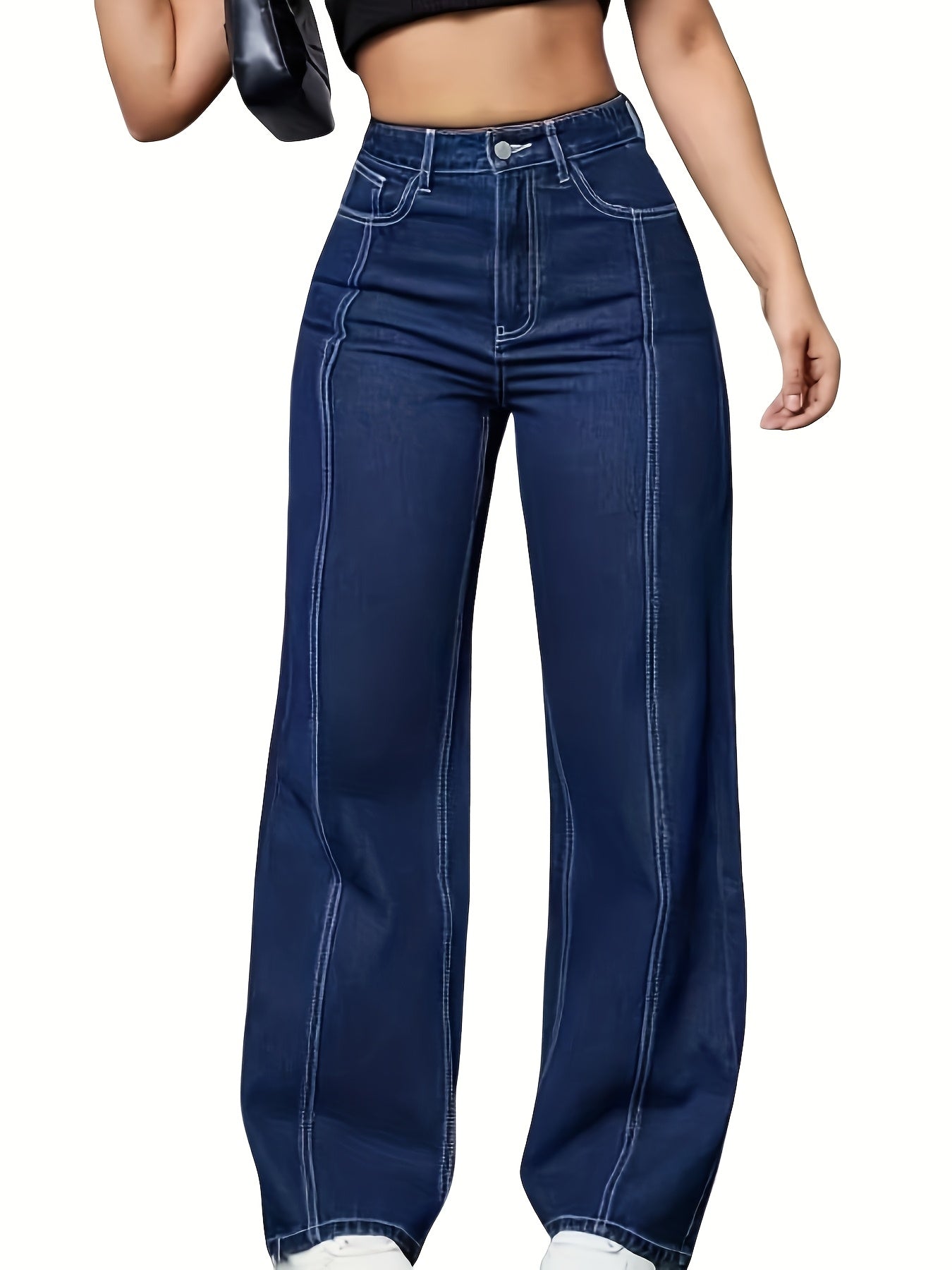 Jeans Femme Grande Taille – Taille Haute, Jambe Droite et Large, Bleu avec Poches Obliques