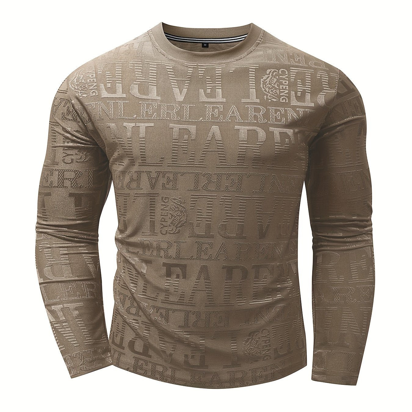 Men's Slim-Fit Casual Long Sleeve T-Shirt with Geometric Letter Design - Breathable Polyester, Machine Washable