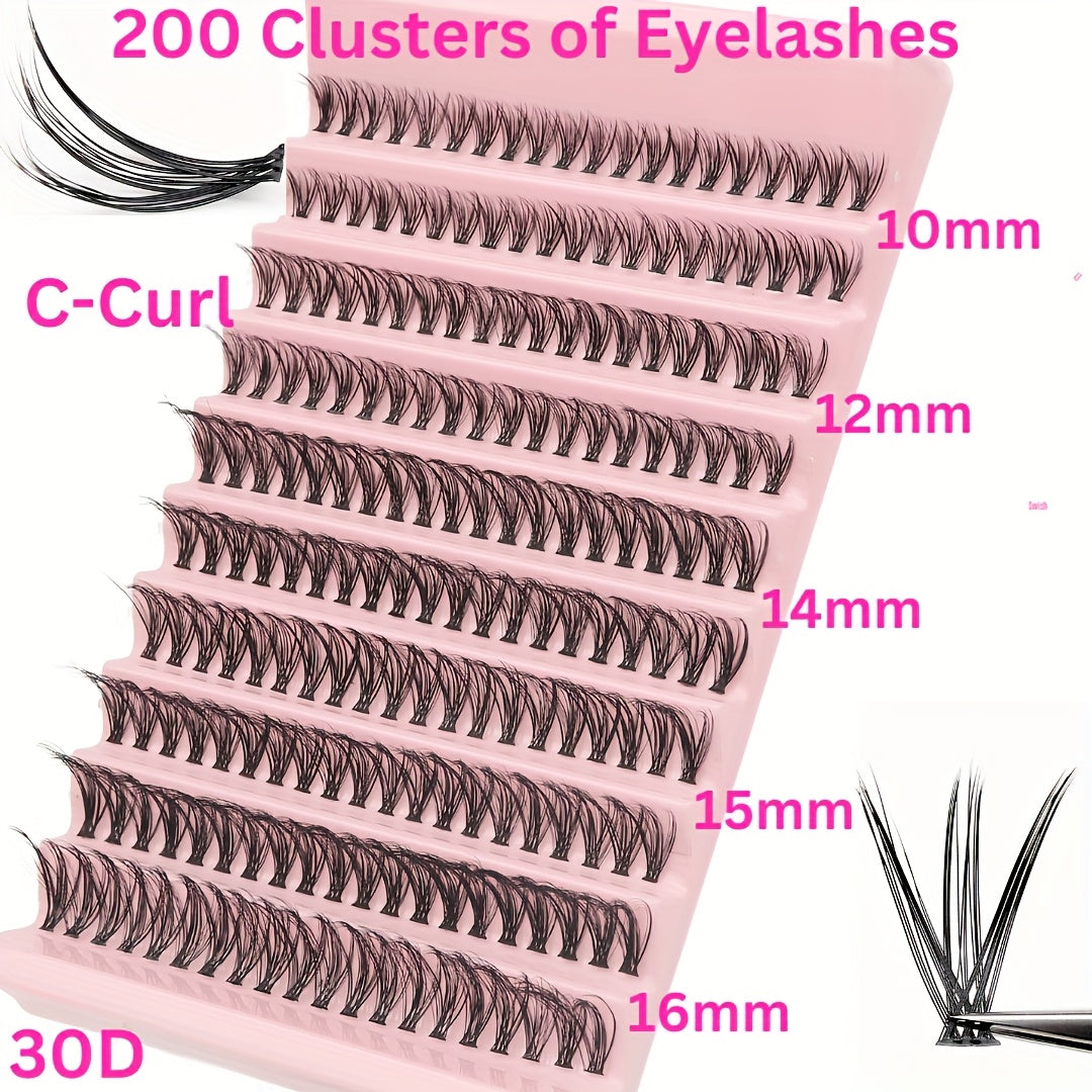 Kit d'extensions de cils 200 pièces | Comprend 120 cils naturels confort de 8 à 16 mm, épaisseur 0,07 mm, courbure C/D, longueur 10 à 18 mm, styles poupée et yeux, réutilisables pour débutantes