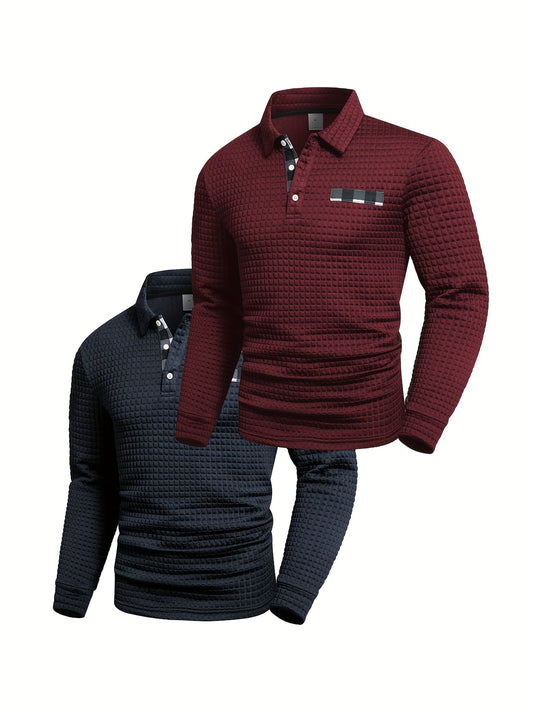 Two Long-Sleeve Polo Shirts with a Digital Print Fabric Featuring a Random Check Pattern, Non-Positioned Plaid Design, Square Check Texture Fabric, Stylish Casual Wear for Everyday Outfits.