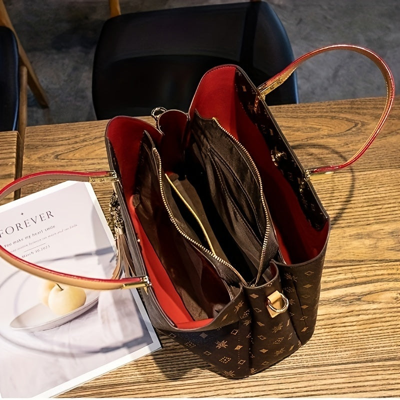 Sac Cabas Femme Élégant Grande Capacité avec Breloque Renard à Pompon – Fermeture Éclair, Doublure en Polyester, Design Multi-Couches, Idéal comme Cadeau de Fête