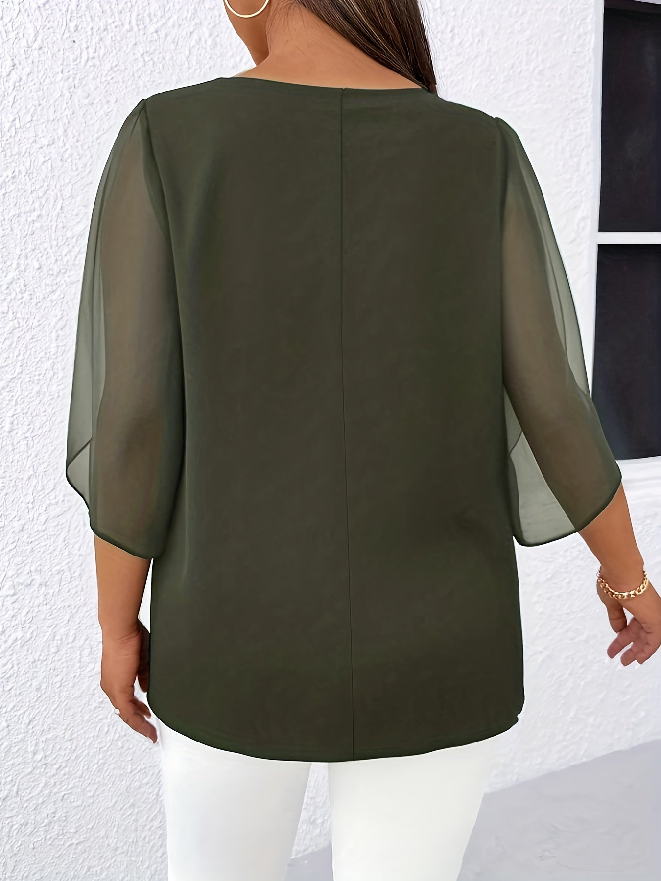 Blouse Femme Grande Taille Élégante – Manches Mi-Longues, Col Classique, Tissu Non Extensible, Tous Saisons