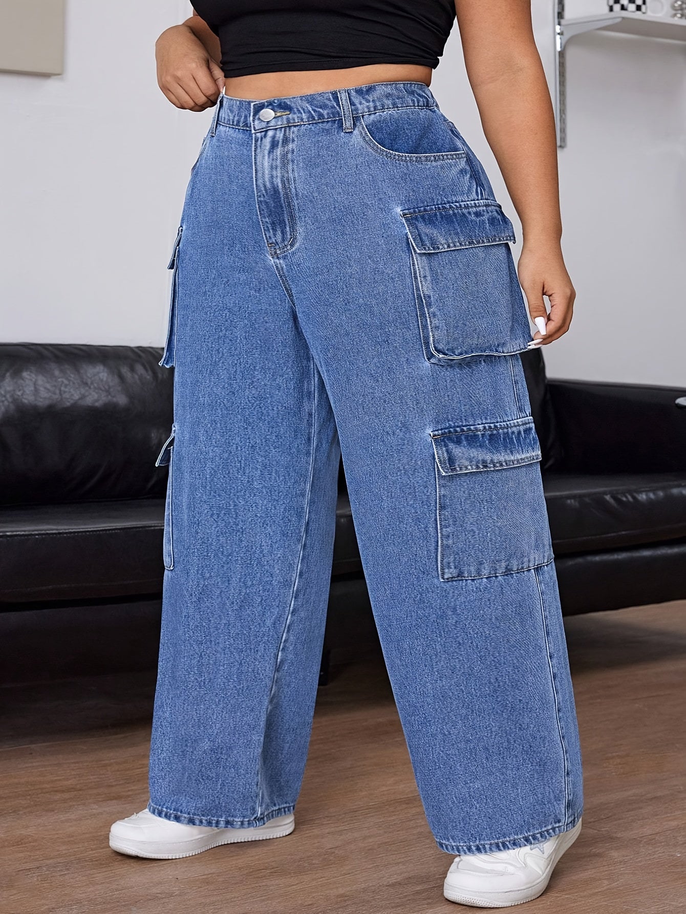 Jeans Femme Taille Moyenne – Jambe Droite avec Cordons et Multiples Poches, Extensible