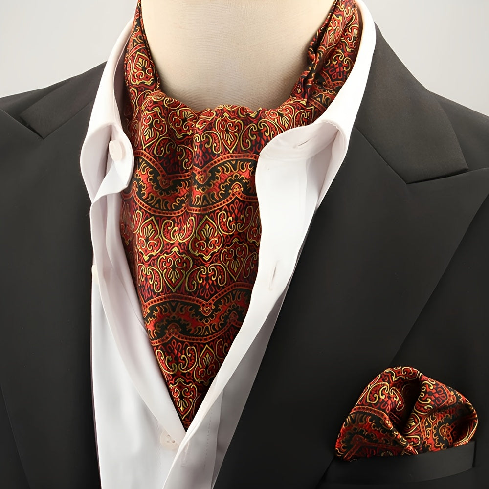 2pcs Ascot Homme – Écharpe et Pochette Style Rétro Britannique pour Mariages et Événements, Motifs Pois/Paisley/Fleur