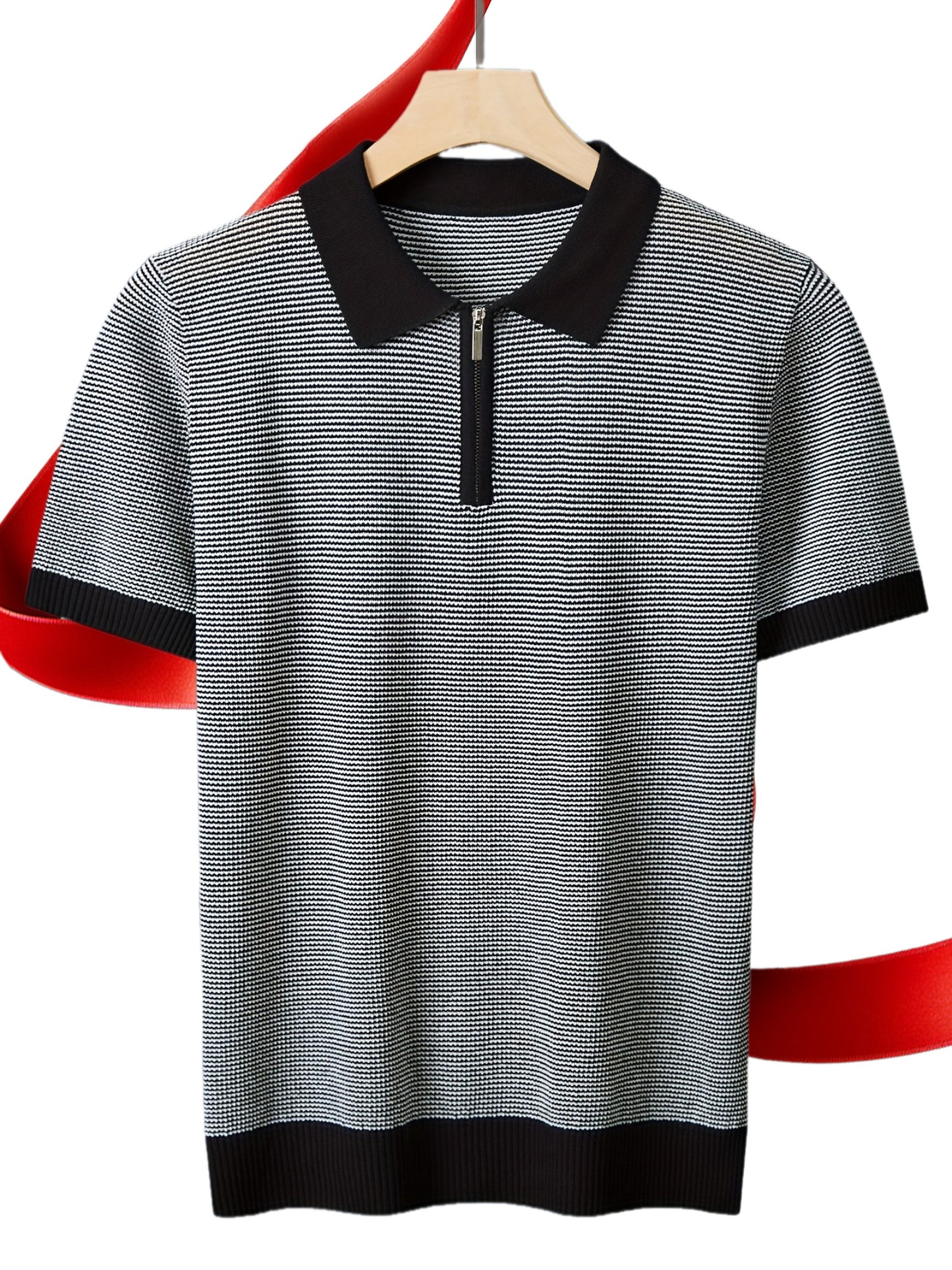 Men'S Breathable Knit Polo Shirt - Stylish & Striped Design, Short Sleeve, Lightweight, High-Quality, Perfect for Golf, Casual Wear, All-Season, Golf Apparel | Stylish Knit Shirt | Medium Stretch Fabric