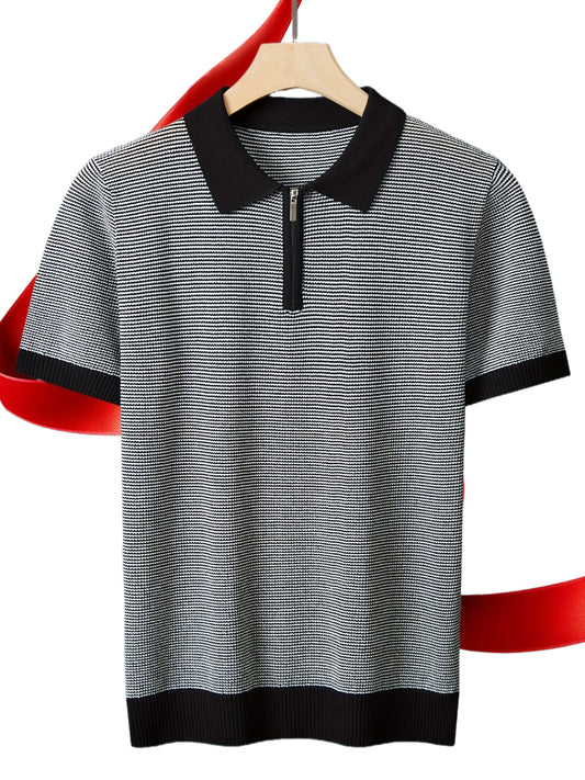 Men'S Breathable Knit Polo Shirt - Stylish & Striped Design, Short Sleeve, Lightweight, High-Quality, Perfect for Golf, Casual Wear, All-Season, Golf Apparel | Stylish Knit Shirt | Medium Stretch Fabric