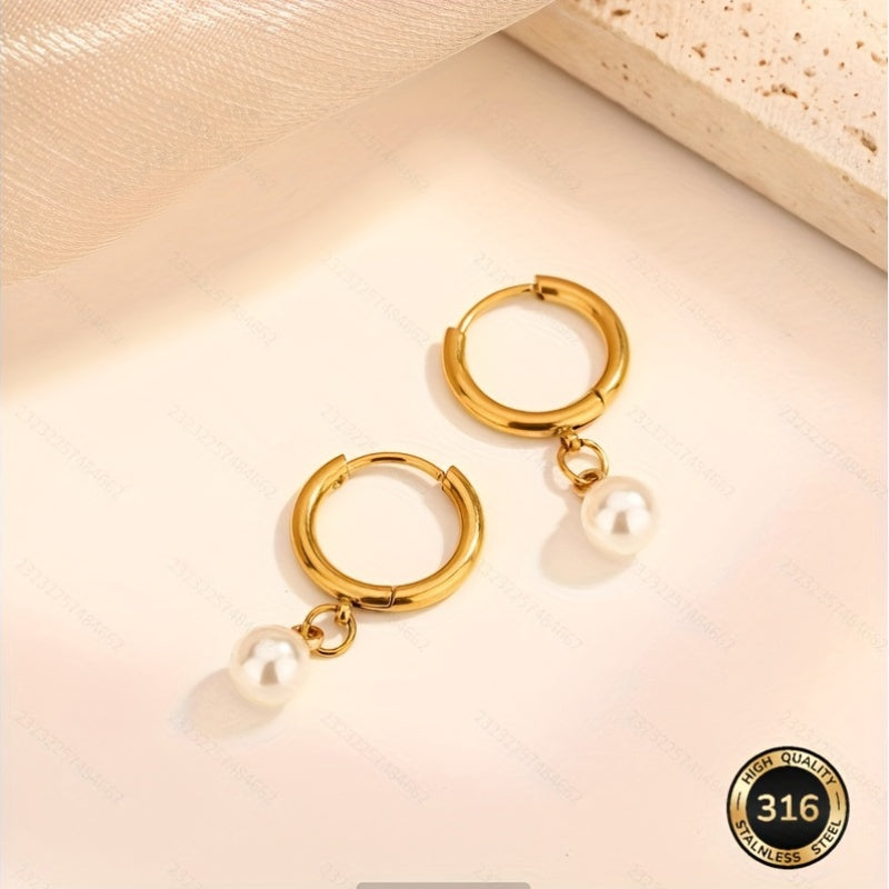 Boucles d’oreilles rétro françaises – pendentif perle imitation, acier inoxydable, hypoallergénique et anti-décoloration, confortables, couleur beige clair, adaptées au quotidien, mariages, Saint-Valentin, cadeau pour femme