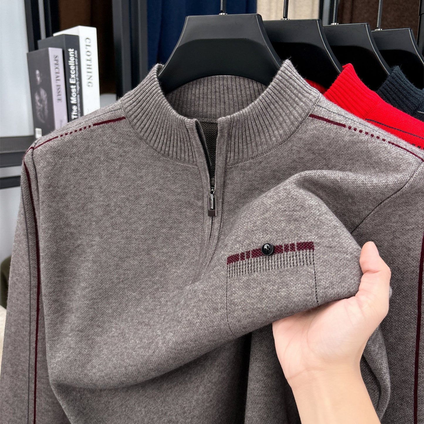 Men's Heavyweight Half-Zip Sweater - Stand Collar Zippered Winter Knit Sweater with Striped Collar & Back Logo, Dark Blue Casual Warm Pullover for Fall/Winter, Versatile Layering for Office & Casual Attire