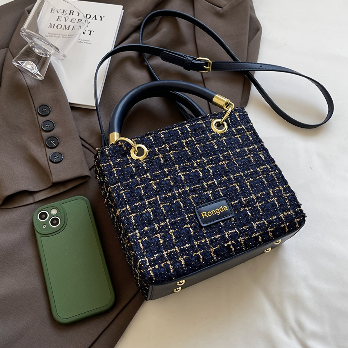 Sac élégant en tweed – bandoulière et poignée, polyvalent