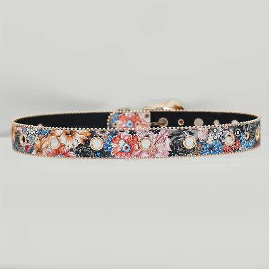 Ceinture florale vintage pour femmes – Boucle métallique multicolore, taille ajustable 50-110 cm, comprend tableau des tailles S, M, L