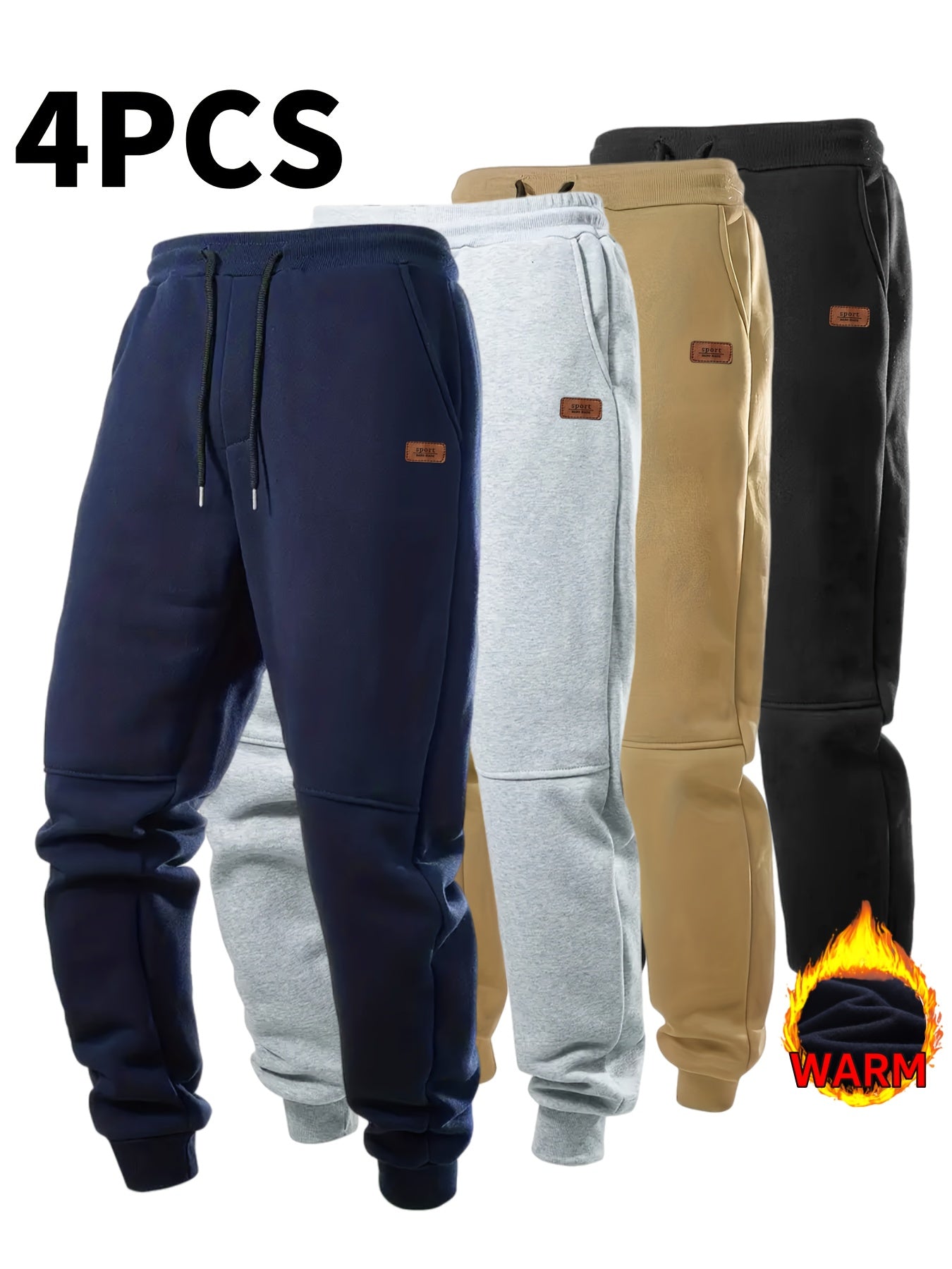 4pcs Pantalons Sport Homme – Automne/Hiver, Cordon, Tissu Élastique, Doublure Chaude, Casual