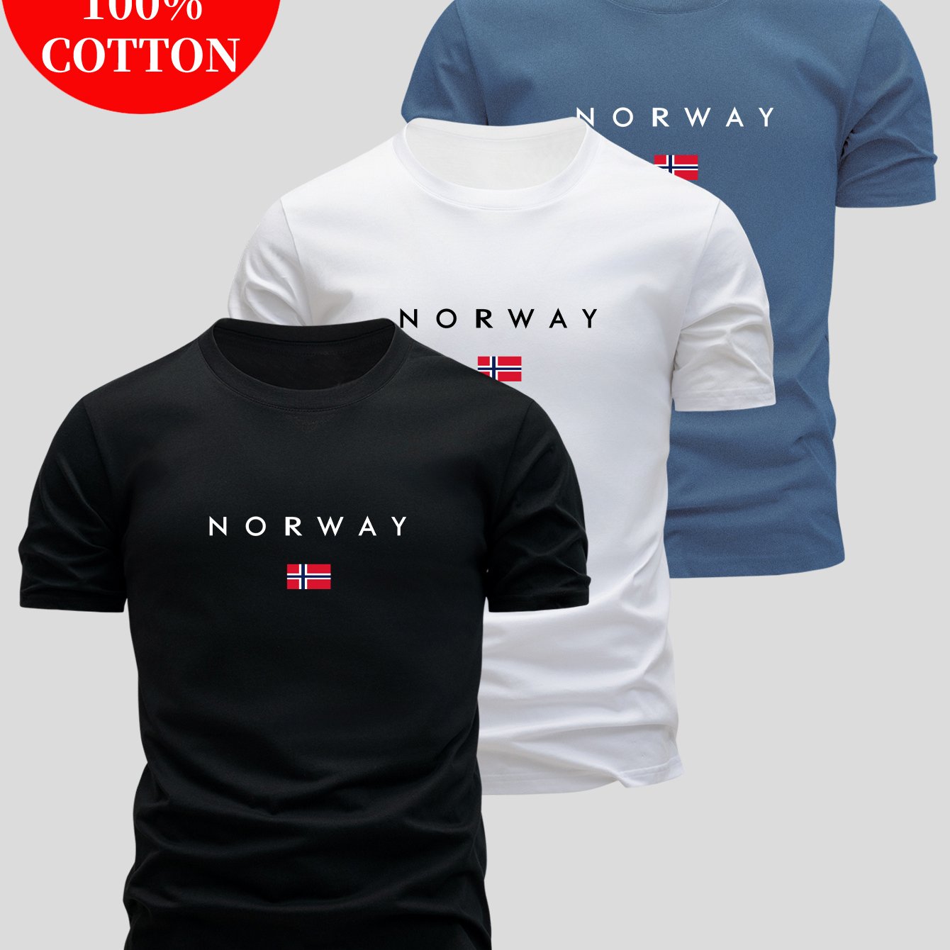 3pcs Men'S 100% Cotton T-Shirts - Breathable & Sweat-Wicking, Slim Fit Crew Neck Short Sleeve Tees with "NORWAY" Graphic Print, Casual Summer Tops in Black, White & Grey, Sweat-Resistant, Lightweight & Comfortable for Casual