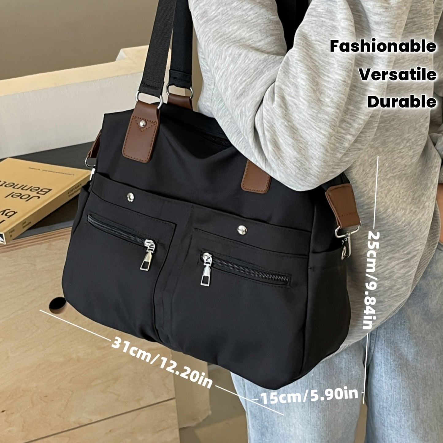 Sac Cabas Femme Grande Capacité à Multiples Poches – Bandoulière et Sangles Ajustables, Nylon Durable Noir, Idéal pour Étudiantes, Déplacements Quotidiens et Usage Décontracté, Sac Polyvalent avec Compartiments Spacieux, Fermeture Éclair