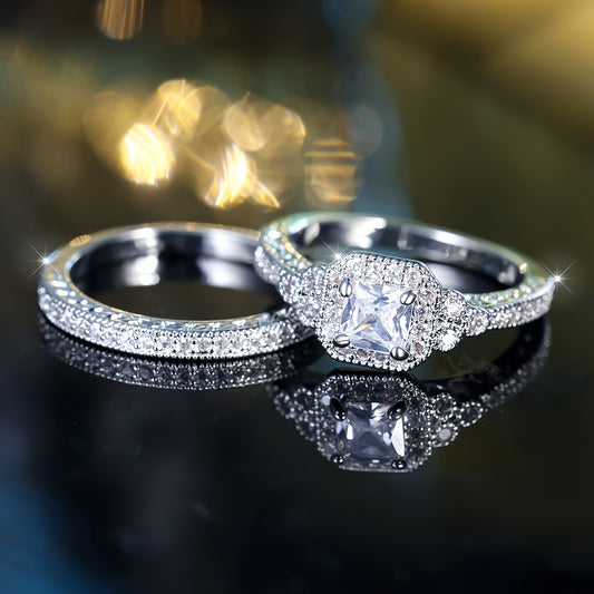 A Sparkling 2pcs Set of Micro-Paved Synthetic Zirconia Wedding And Love Rings, Perfect As Gifts for Bridesmaids Or Couples.