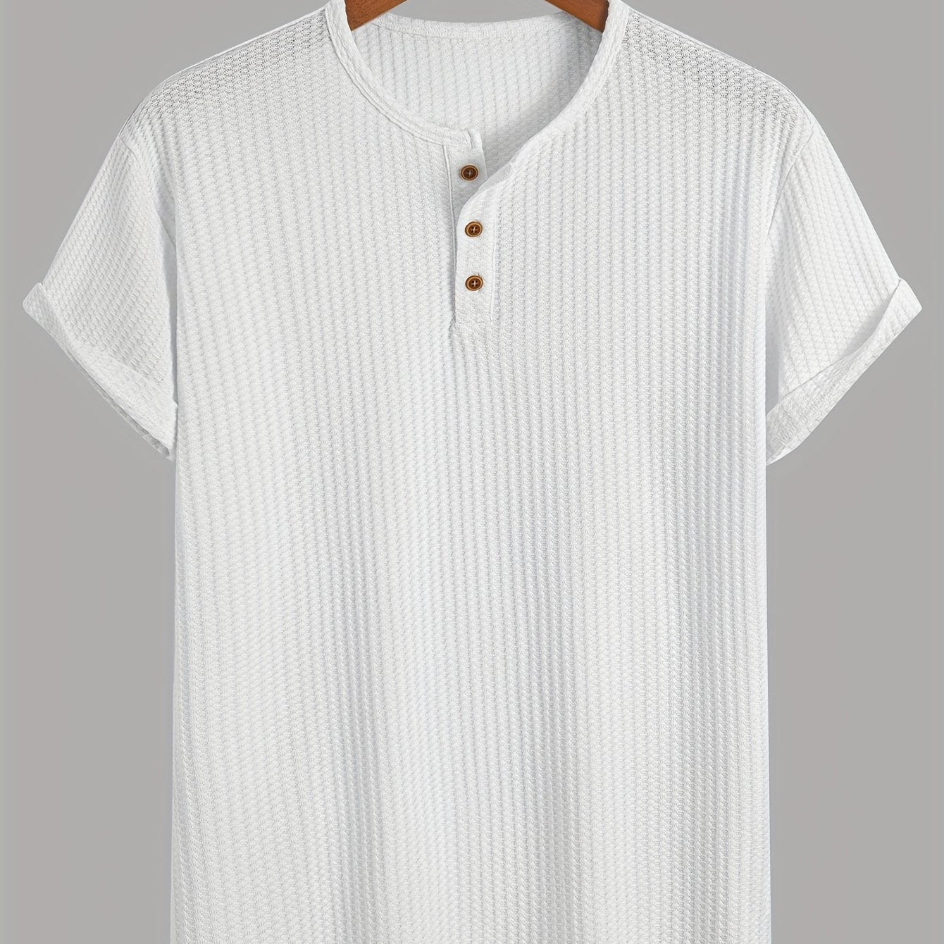 A Summer Short-Sleeve Cardigan T-Shirt with a Fine Check Pattern And Round Neck, Featuring a Knitted Jacquard Texture.