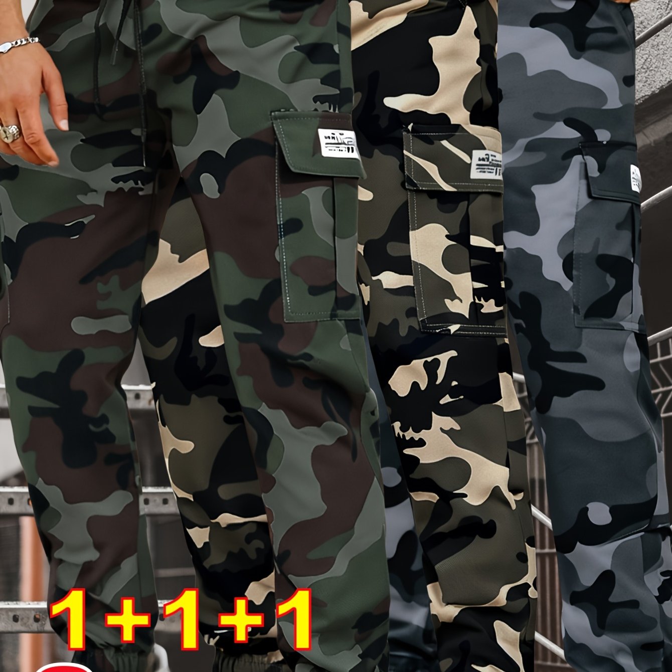 Lot de 3 pantalons de travail homme camouflage – Pantalons cargo tactiques toutes saisons avec poches utilitaires, taille à cordon, tissu non extensible – Idéal extérieur, construction, randonnée, camping – Lavable en machine