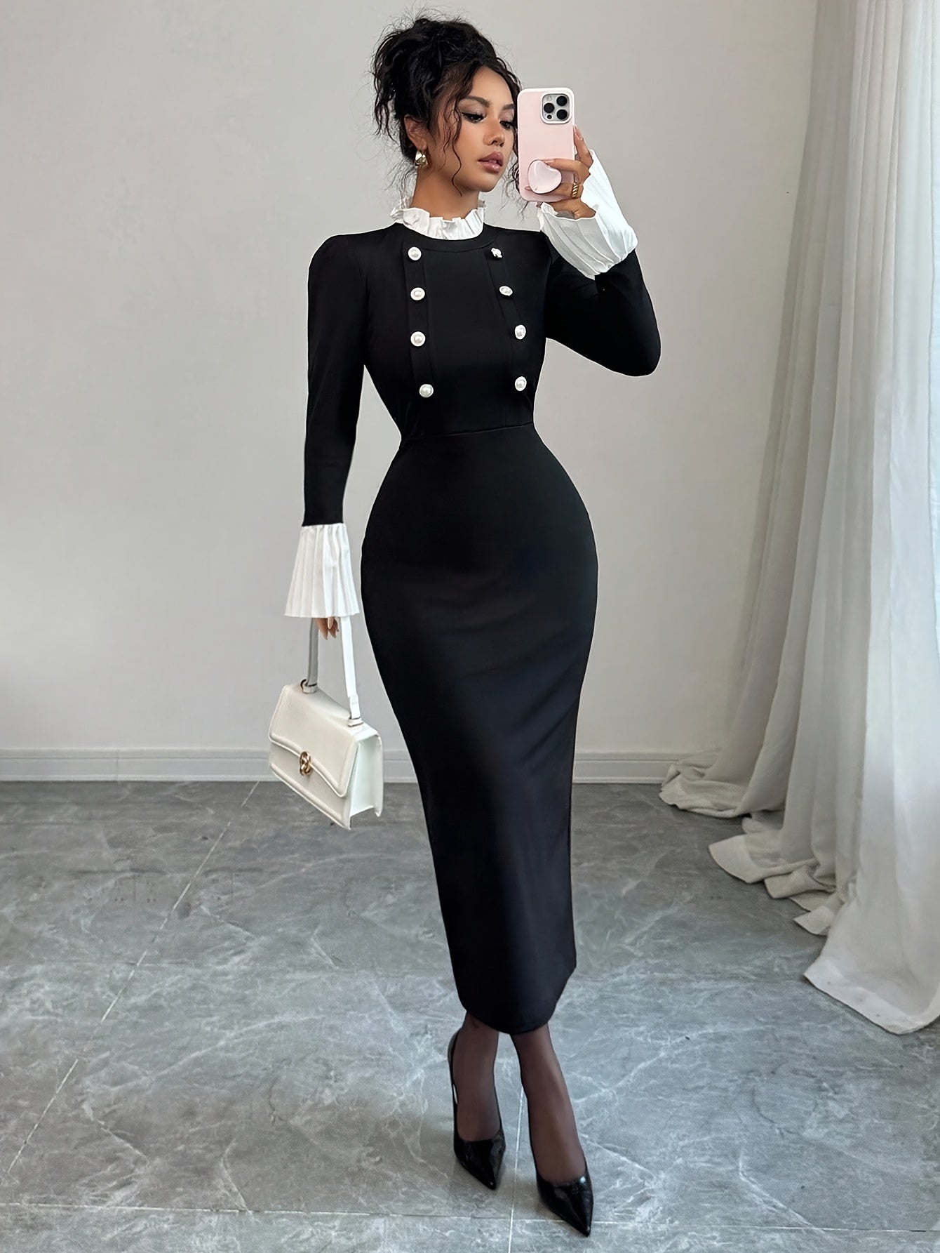 Robe Femme Élégante Maxi pour Soirée et Quotidien — Manches Longues, Fermeture Boutons sur le Devant, Coupe Flatteuse, Parfaite pour Soirées, Bureau et Rendez-vous, Port Toute Saison, Style Sophistiqué, Fini Poli, Tenue Chic