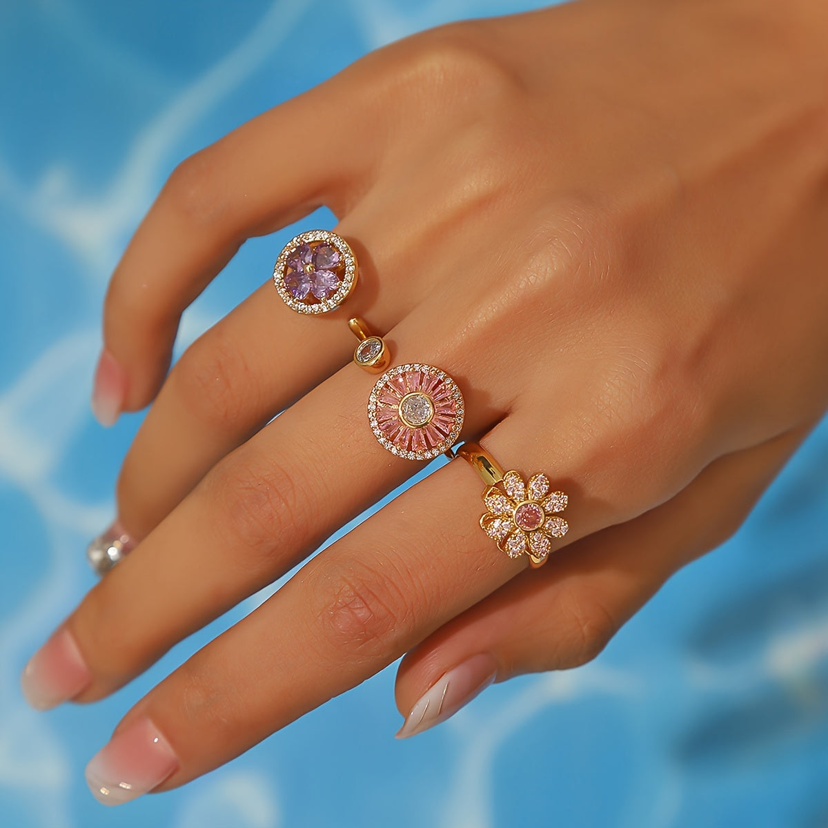 3pcs Set of Rotating Ring Copper Micro-Set Zirconium Ring with Open Color Preservation Design Hand Ornament