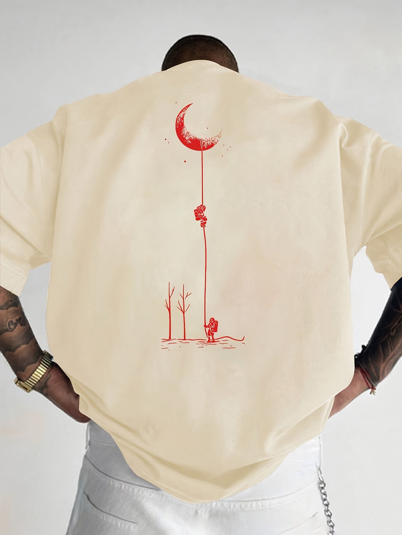 Moon and Trees Design Front & Back Graphic Crew Neck Cotton Summer Fashion Short Sleeve Casual Daily Style Top with Unique Geometric Pattern, Suitable for Spring/Summer Outdoor Activities